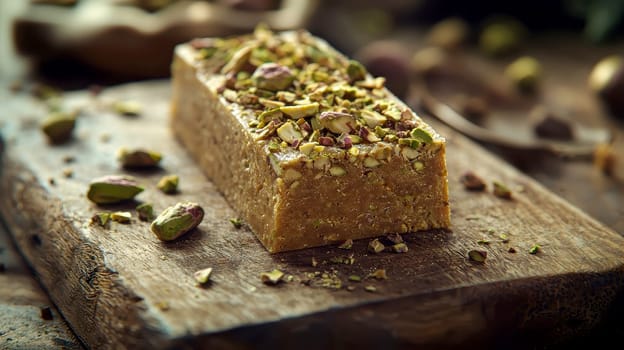 Halva Cubes Lightly Dusted with Crushed Pistachios on a Smooth Marble Surface with Subtle Veins, Illuminated by a Soft Golden Glow and Arranged for a Sophisticated Presentation.