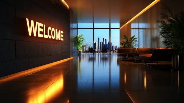 Modern Welcome text sign in an office lobby with sleek design elements..