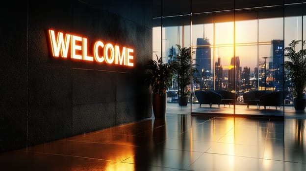 Modern Welcome text sign in an office lobby with sleek design elements..