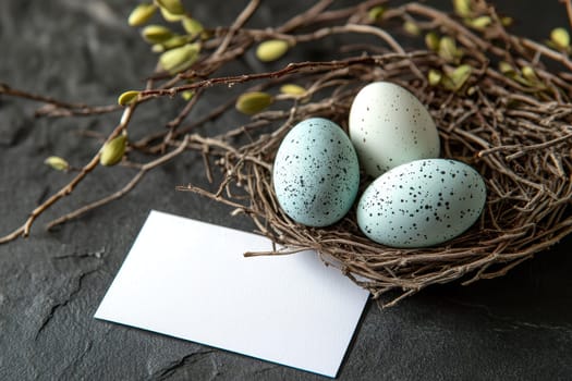 colorful eggs and quail eggs on a minimalist background with blank greeting card mockup and delicate flowers in stylish arrangement..