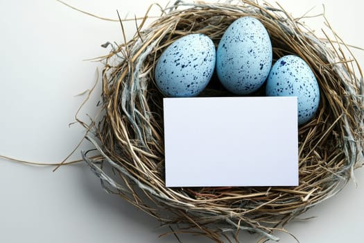 colorful eggs and quail eggs on a minimalist background with blank greeting card mockup and delicate flowers in stylish arrangement..