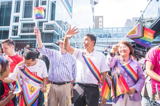 Bangkok, Thailand - JUN 4, 2023 Siam Center The World of Freedom and Pride 2023, The short action and atmosphere of leader of a large Thai political party and Governor of Bangkok in the event.