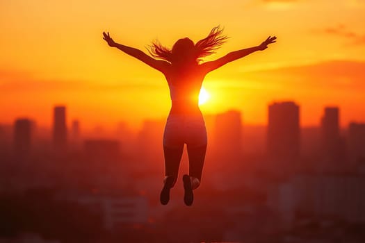 A young woman jumps into the air with her arms outstretched against a fantastic sunset over city buildings.