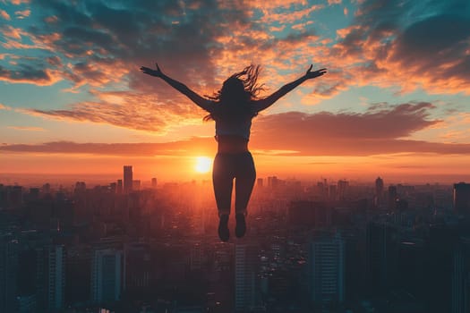 A woman jumping into the air with her arms outstretched against the backdrop of city buildings and a sunset sky.
