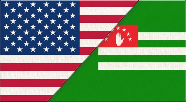 Flags of USA and Abkhazia. American and Abkhazian national flags on fabric surface. USA and Abkhazian relations. Flag of USA and Abkhazia - 3D illustration. Two Flag Together - Fabric Texture