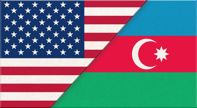Flags of USA and Azerbaijan. American and Azerbaijani national flags on fabric surface. USA and Azerbaijani relations. Flag of USA and Azerbaijan - 3D illustration. Two Flag Together - Fabric Texture