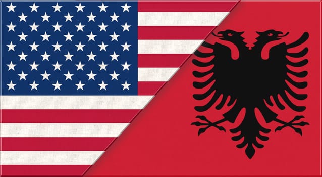 Flags of USA and Albania. American and Albanian national flags on fabric surface. USA and Albanian relations. Flag of USA and Albanian - 3D illustration. Two Flag Together - Fabric Texture