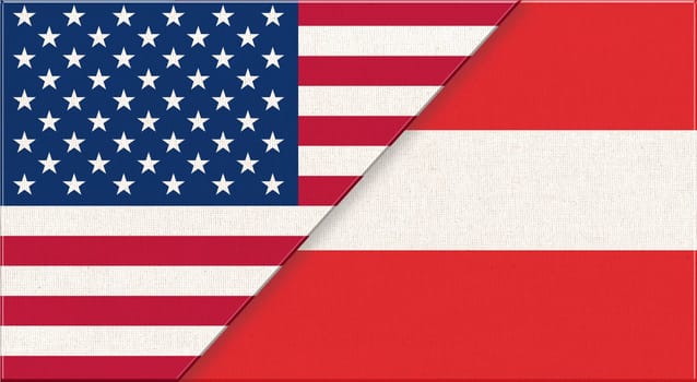 Flags of USA and Austria. American and Austrian national flags on fabric surface. USA and Azerbaijani relations. Flag of USA and Austrian - 3D illustration. Two Flag Together - Fabric Texture