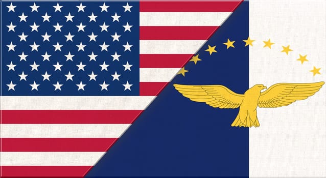 Flags of USA and Azores. American and Azores Islands national flags on fabric surface. Flag of USA and Autonomous Region of the Azores - 3D illustration. Two Flag Together - Fabric Texture
