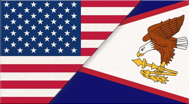 Flags of USA and American Samoa. American and American Samoa national flags on fabric surface. Flag of USA and American Samoa - 3D illustration. Two Flag Together - Fabric Texture
