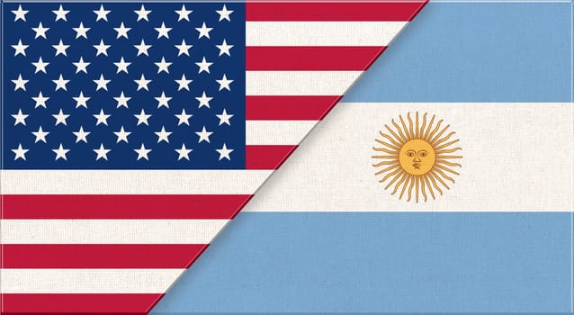 Flags of USA and Argentina. American and Argentine national flags on fabric surface. Flag of USA and Argentine - 3D illustration. Two Flag Together - Fabric Texture