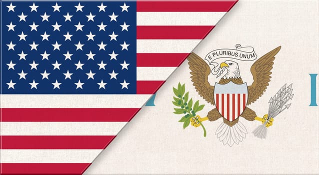 Flags of USA and Virgin Islands. American and Virgin Islands national flags on fabric surface. Flag of USA and Virgin Islands - 3D illustration. Two Flag Together - Fabric Texture