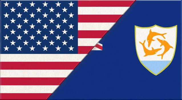 Flags of USA and Anguilla. American and Anguilla national flags on fabric surface. Flag of USA and Anguilla - 3D illustration. Two Flag Together - Fabric Texture