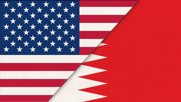 Flags of USA and Bahrain. American and Bahrain national flags on fabric surface. Flag of USA and Bahrain - 3D illustration. United States and Bahrainian national flags. Two Flag Together