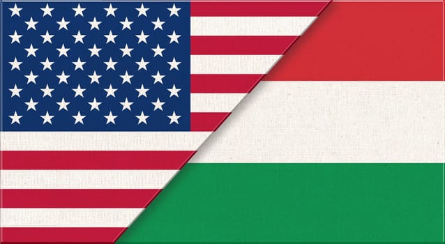 Flags of USA and Hungary. American and Hungarian national flags on fabric surface. USA and Hungary relations. Flag of USA and Hungarian - 3D illustration. Two Flag Together - Fabric Texture