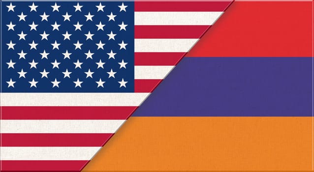 Flags of USA and Armenia. American and Azerbaijani national flags on fabric surface. USA and Azerbaijani relations. Flag of USA and Azerbaijan - 3D illustration. Two Flag Together - Fabric Texture