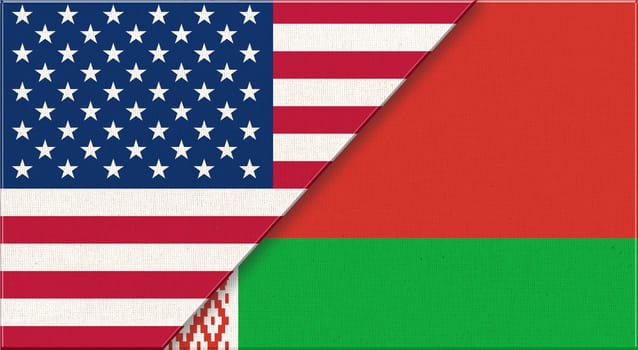 Flags of USA and Belarus. American and Belorussian national flags on fabric surface. USA and Belorussian relations. Flag of USA and Belorussian - 3D illustration. Two Flag Together - Fabric Texture