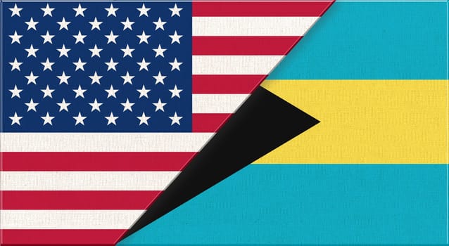 Flags of USA and Bahamas. American and Bahamas national flags on fabric surface. Flag of USA and Bahamas - 3D illustration. Two Flag Together - Fabric Texture