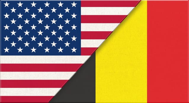 Flags of USA and Belgium. American and Belgian national flags on fabric surface. USA and Hungary relations. Flag of USA and Belgian - 3D illustration. Two Flag Together - Fabric Texture