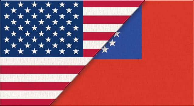 Flags of USA and Burma. American and Myanmar national flags on fabric surface. Flag of USA and Myanmar - 3D illustration. United States and Burma national flags. Two Flag Together