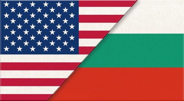 Flags of USA and Bulgaria. American and Bulgarian national flags on fabric surface. USA and Bulgaria relations. Flag of USA and Bulgarian - 3D illustration. Two Flag Together - Fabric Texture