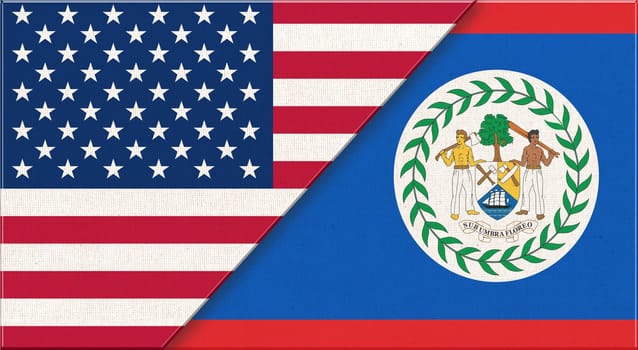 Flags of USA and Belize. American and Belize national flags on fabric surface. Flag of USA and Belize - 3D illustration. Two Flag Together - Fabric Texture. Political relations