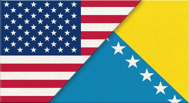 Flags of USA and Bosnia and Herzegovina. American and Bosnia and Herzegovina national flags on fabric surface. USA and Bosnia and Herzegovina relations. Flag of USA and Bosnian - 3D illustration