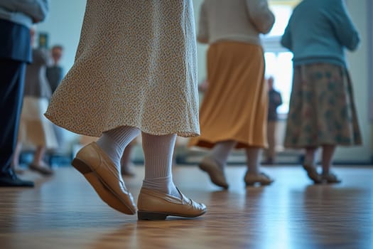 Legs of elderly people dancing in a dance class.