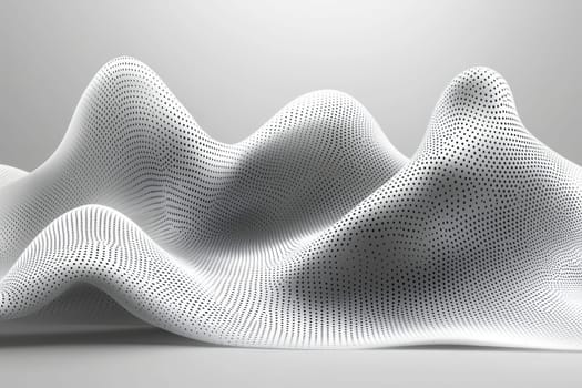 A textured white landscape undulates with dotted patterns, creating an illusion of depth and movement in a minimalist context.