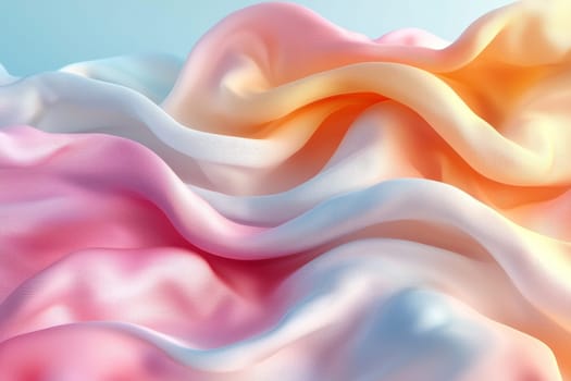 Elegant drapes of fabric flow softly with hues of pink, peach, and white, illuminated by bright light, creating a serene atmosphere.