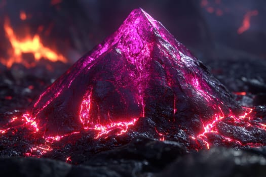 Intense volcanic activity creates a striking purple lava formation surrounded by glowing molten rock, showcasing nature's power and beauty.
