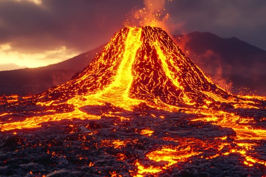 Lava flows down an active volcano as the sunset ignites the sky with vibrant colors, creating a stunning natural display.