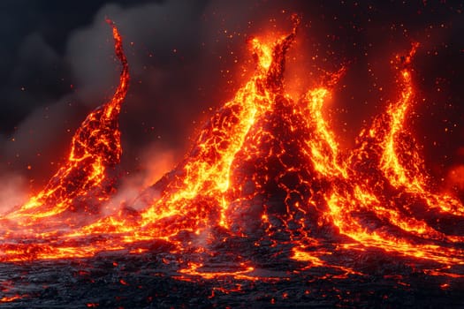 Lava flows from an erupting volcano under a dark sky, creating an awe-inspiring and fiery spectacle that lights the surroundings.
