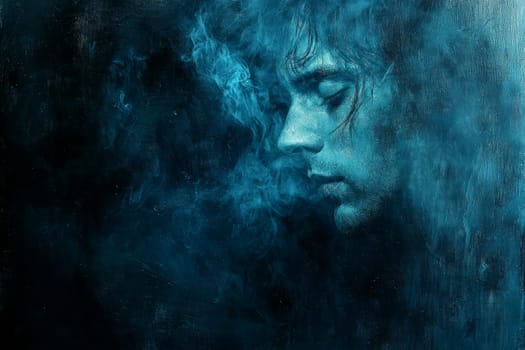 A young man with long hair gazes pensively to the side, enveloped in a mystic blue fog, evoking tranquility and reflection.