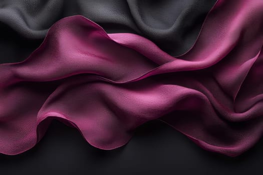 Silk fabric flows gracefully on a dark background, showcasing a blend of deep black and vibrant fuchsia hues in a smooth texture.