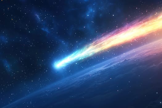 Bright comet with rainbow shell flies past earth, view from space