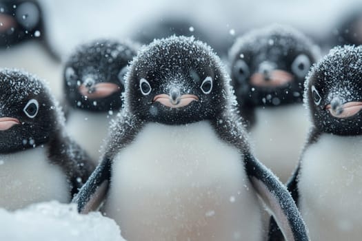 The annual migration of Adelie penguins. A crowd of penguins looks at the camera during a snowfall.
