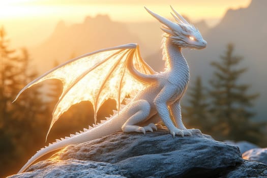 A white pearl dragon shining in the sun meets the dawn on a rock