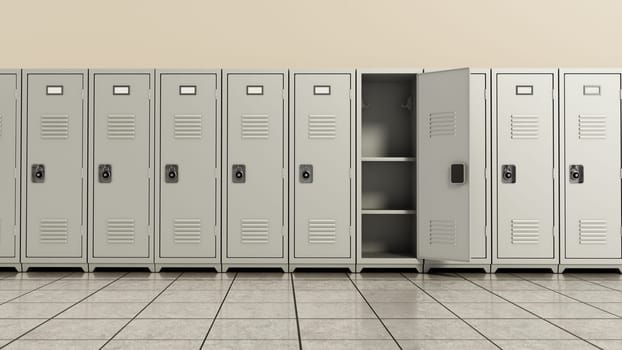 Metal locker storage cabinets for school, fitness club or gym in a row. 3D illustration.