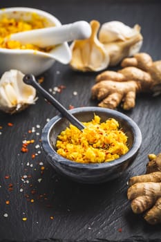 Homemade fresh ginger and garlic paste or Adrak Lahsun puree with ingredients