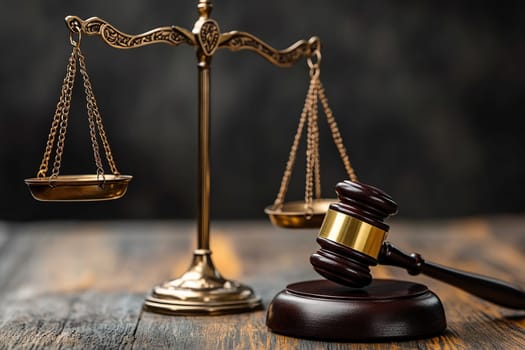 Wooden table with scales and judge gavel on dark background. Justice concept