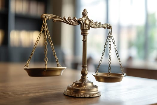 Scales of law on a wooden table. Symbol of justice.