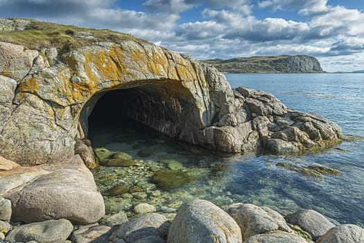 Rocky coastal cliffs with large boulders and a cave entrance overlooking the sea.