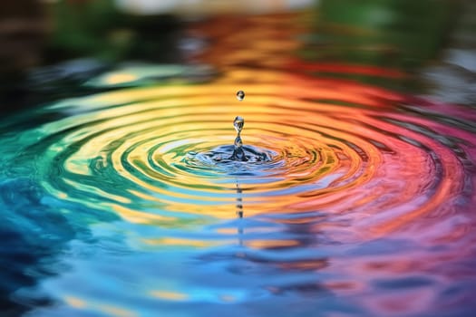 Rainbow colored water ripples. Bright background of water surface. Circles from a drop on calm water.