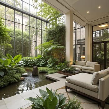A bright, spacious room with large windows, greenery, and a serene indoor pond. AI generated