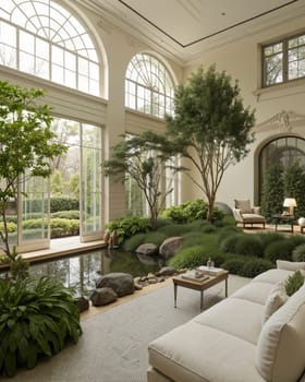 A bright, spacious room with large windows, greenery, and a serene indoor pond. AI generated