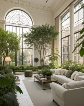A bright, spacious room with large windows, greenery, and a serene indoor pond. AI generated