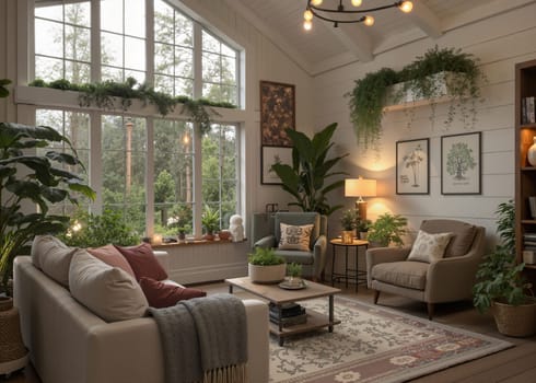 A bright, modern living room with large windows, lush greenery, and comfortable seating. AI generated