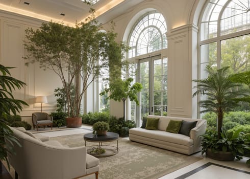 A bright, modern living room with large windows, lush greenery, and comfortable seating. AI generated