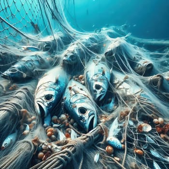 Abandoned fishing net on the seabed, filled with dead fish. A symbol of environmental pollution, overfishing and the destructive influence of humans.
